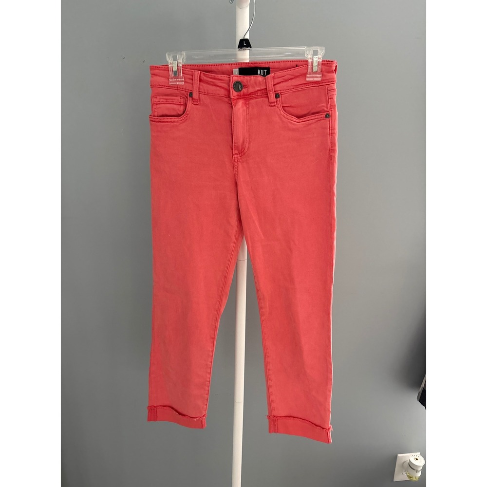 Kut from the Kloth Diana Skinny Jeans Coral Pink Raw Hem Cropped Pants Womens 4